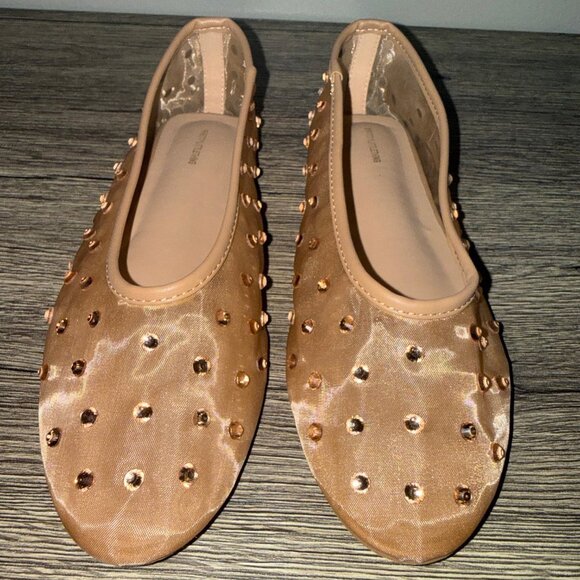 Nude Mesh Round Toe Diamante Stud Ballet Pumps Size 6 - Picture 1 of 6